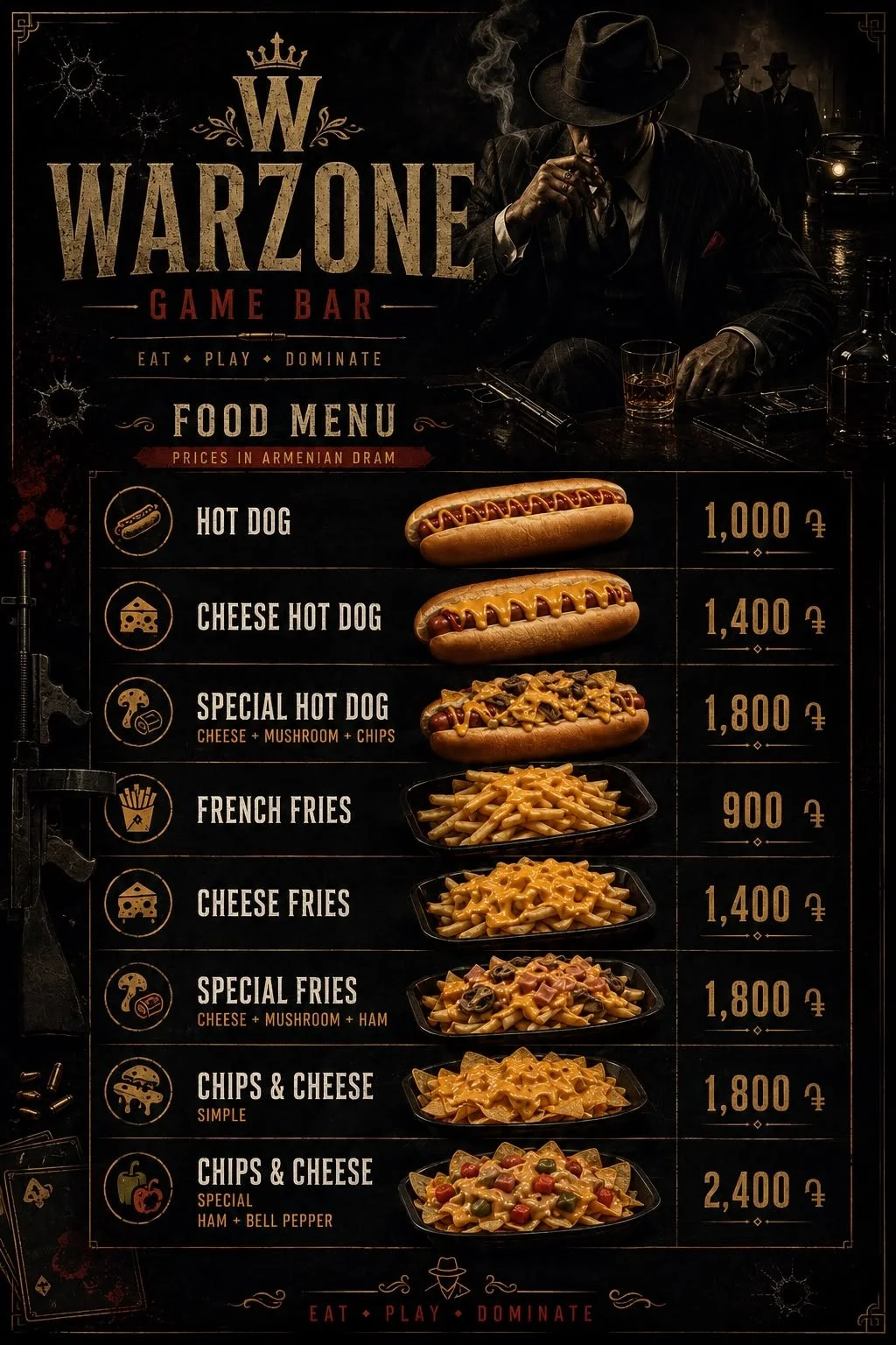 WARZONE Game Bar food menu with prices in Armenian dram